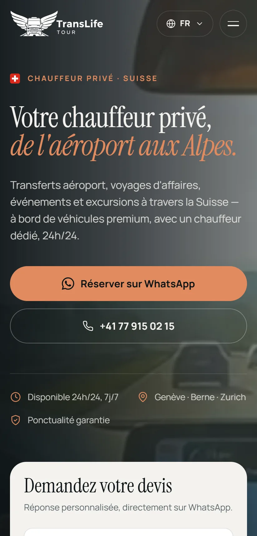 Página inicial da TransLife Tour no celular, em francês